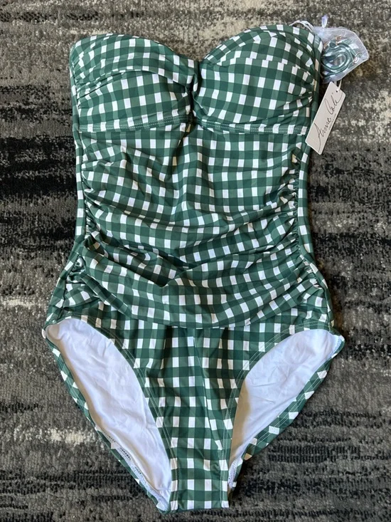 NWT ANNE COLE Gingham Ruched One Piece Bathing Suit - Picture 1 of 12